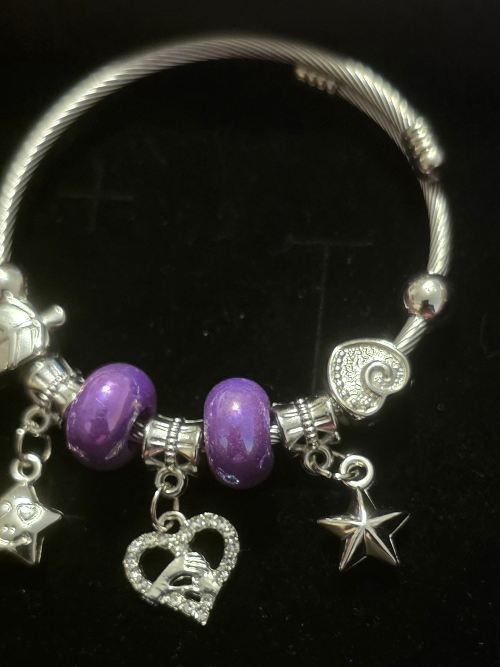 Silver Charm Bracelet with Purple Glass Beads and Heart Star Charms